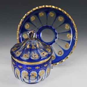 "Antique Bohemian Glass Trio Bombinier With Lid And Charger For The Ottoman Market"