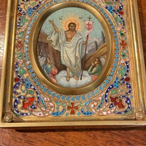 Antique Russian Icon With Oklad In Silver And Enamel