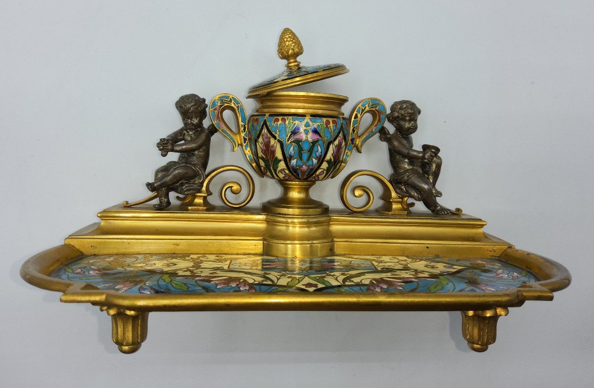Antique French Bronze Enamelled Inkstand
