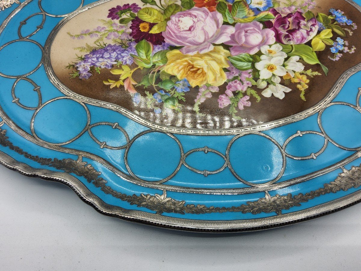 Rare Sèvres Style Porcelain Tray Silver Inlaid Hand Painted