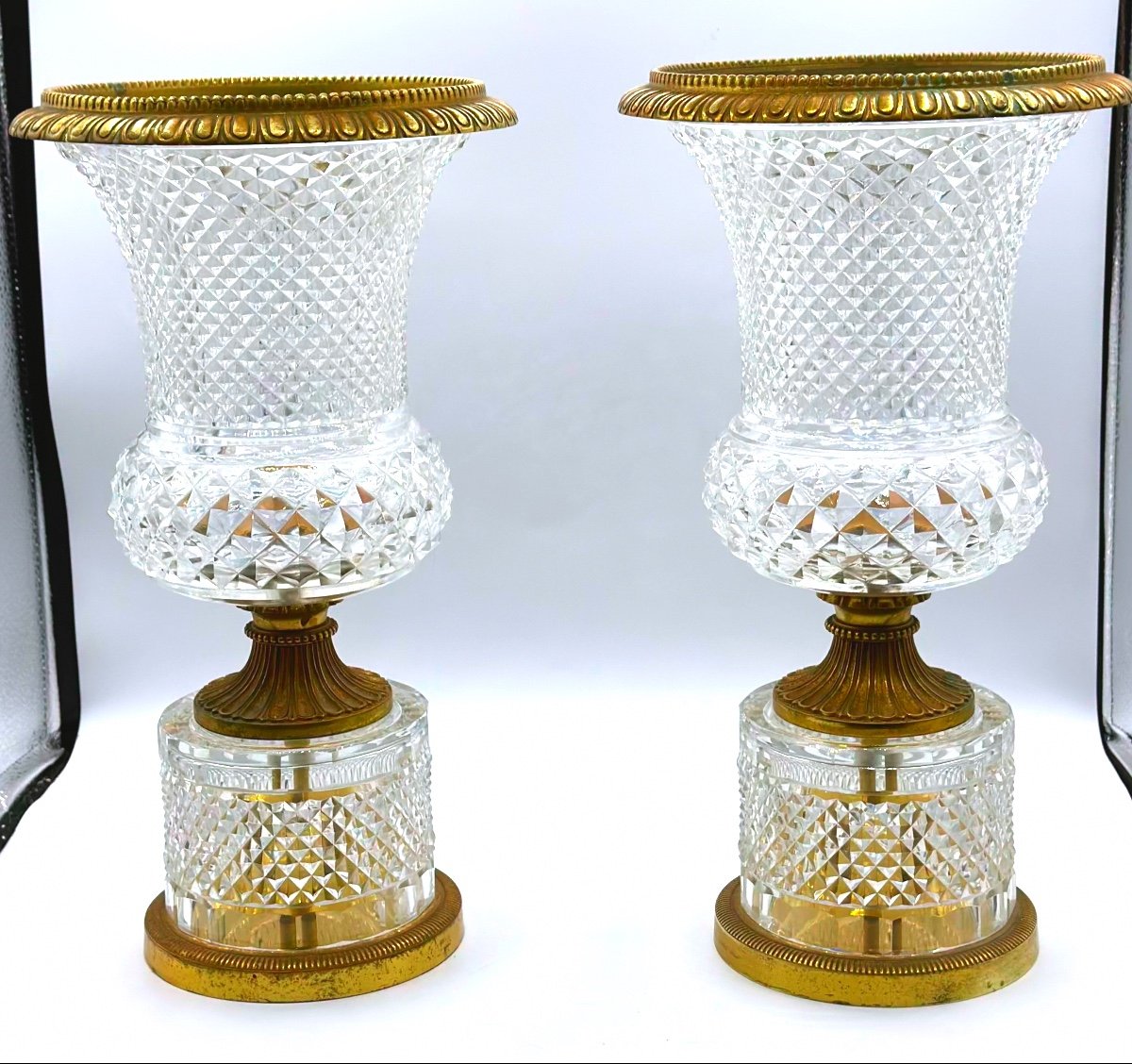 Pair Of Medici Glass Vases In Crystal And Bronze Mount